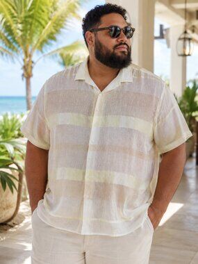 Lanzino Men’s 4XL Sheer Striped Short Sleeve Vacation Button-Down Shirt